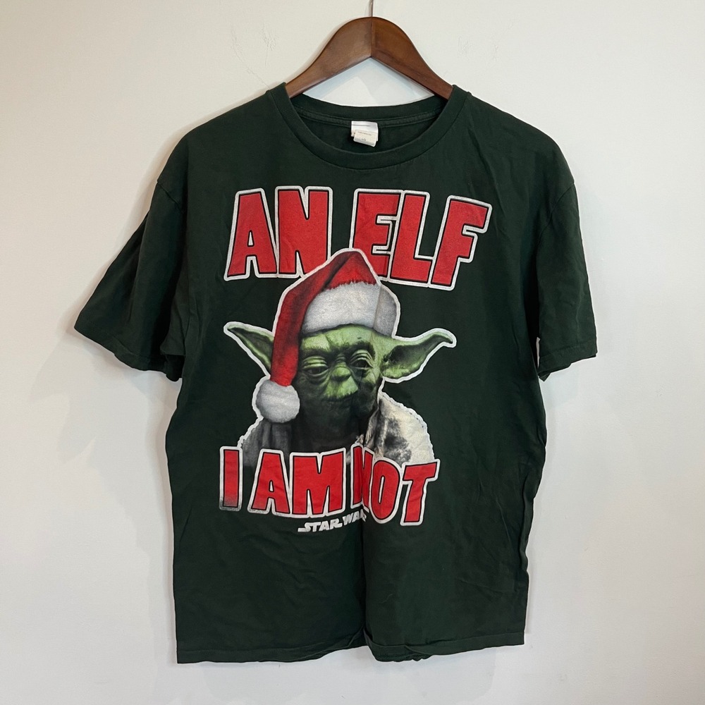 Star Wars Yoda Christmas T-Shirt Mens Large Green An Elf I Am Not Santa - B015